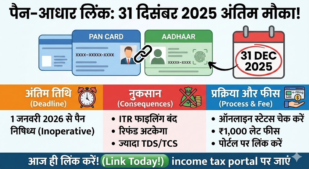 31 Dec 2025 Deadline! पैन-आधार लिंक करें वरना 1000 का जुर्माना और PAN होगा बेकार