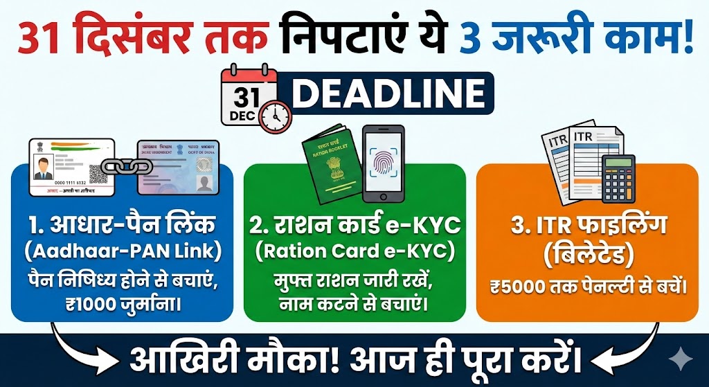 31 दिसंबर से पहले निपटाएं ये 3 जरूरी काम: आधार-पैन लिंक, ITR और राशन कार्ड e-KYC