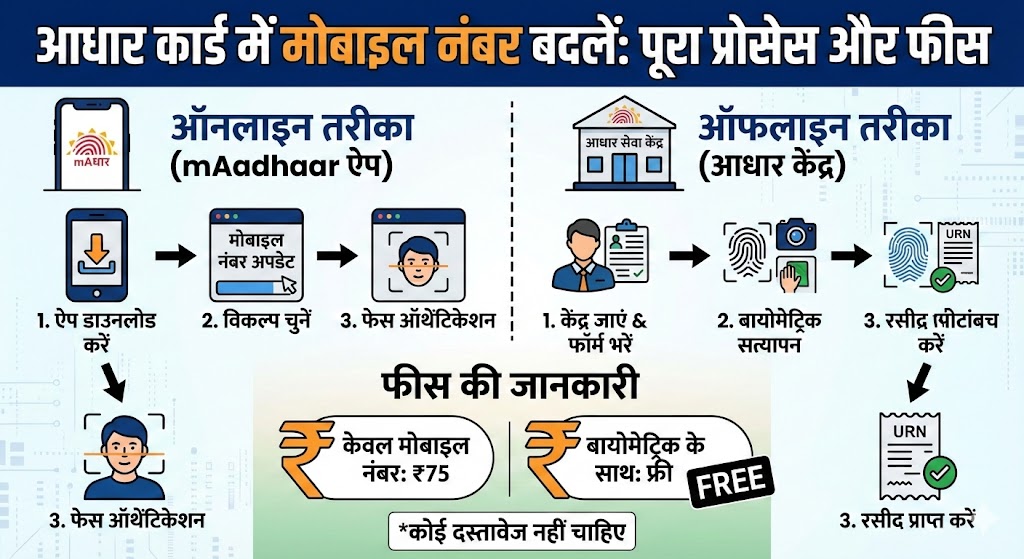आधार कार्ड में मोबाइल नंबर बदलने का खर्चा और पूरा प्रोसेस