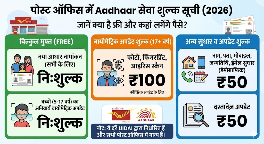Post Office Aadhaar Services: जानिए किन सेवाओं के लिए नहीं देने होंगे पैसे और कहां लगेगा चार्ज